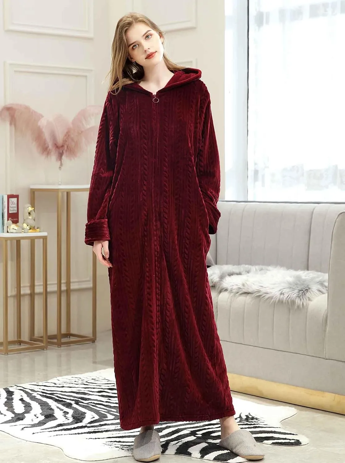 Artfasion Womens Robe Long Zipper Front Hooded Full Length Housecoat Sleepwear for Ladies