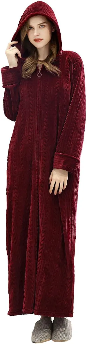 Artfasion Womens Robe Long Zipper Front Hooded Full Length Housecoat Sleepwear for Ladies