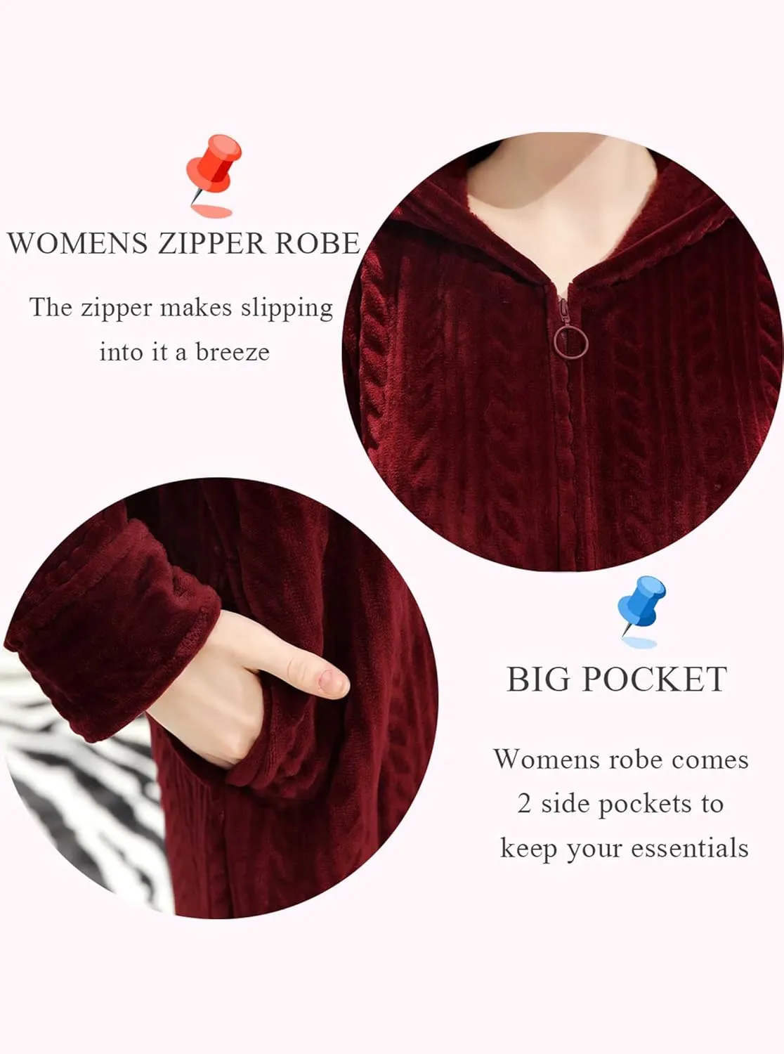 Artfasion Womens Robe Long Zipper Front Hooded Full Length Housecoat Sleepwear for Ladies