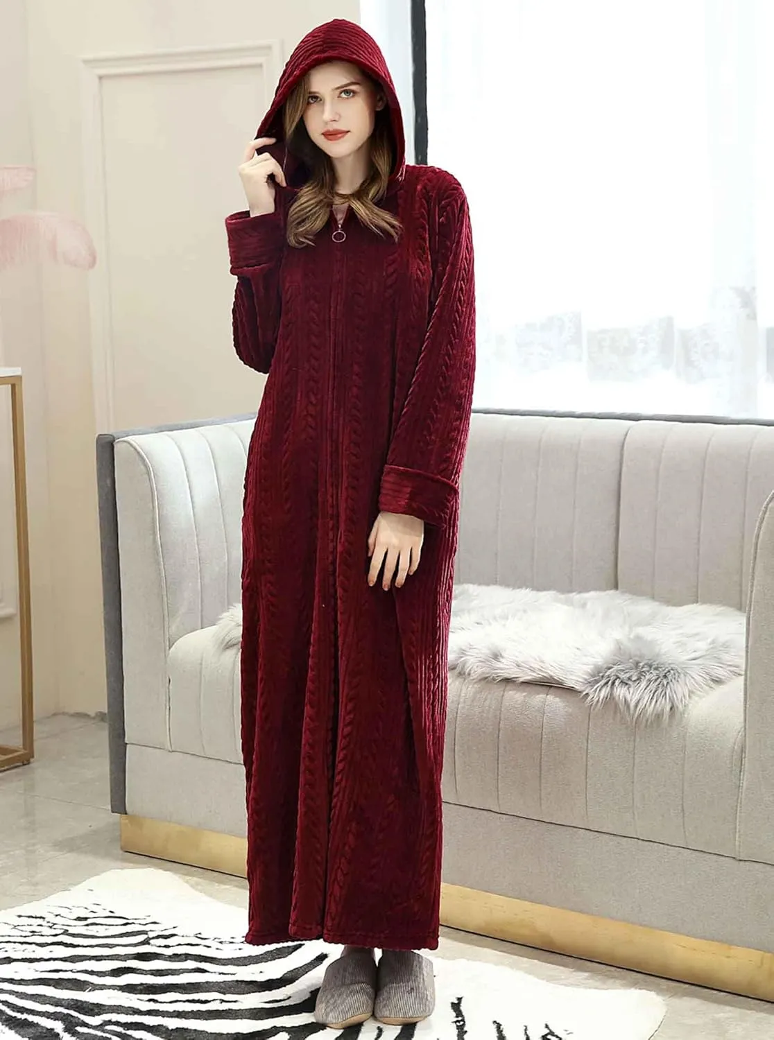 Artfasion Womens Robe Long Zipper Front Hooded Full Length Housecoat Sleepwear for Ladies