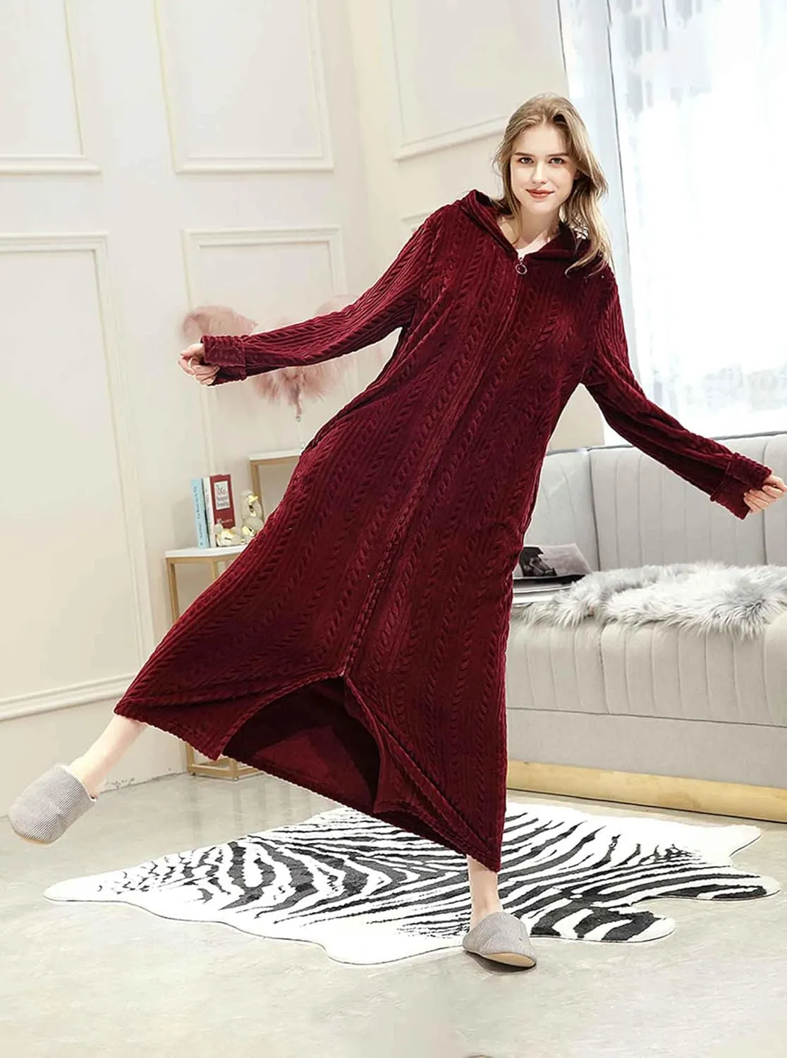 Artfasion Womens Robe Long Zipper Front Hooded Full Length Housecoat Sleepwear for Ladies