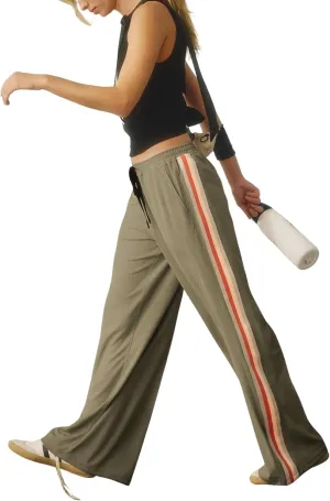 Athlisan Womens Athletic Wide Leg Trousers Side Stripes Drawstring Waist Casual Low Rise Palazzo Pants with Pockets