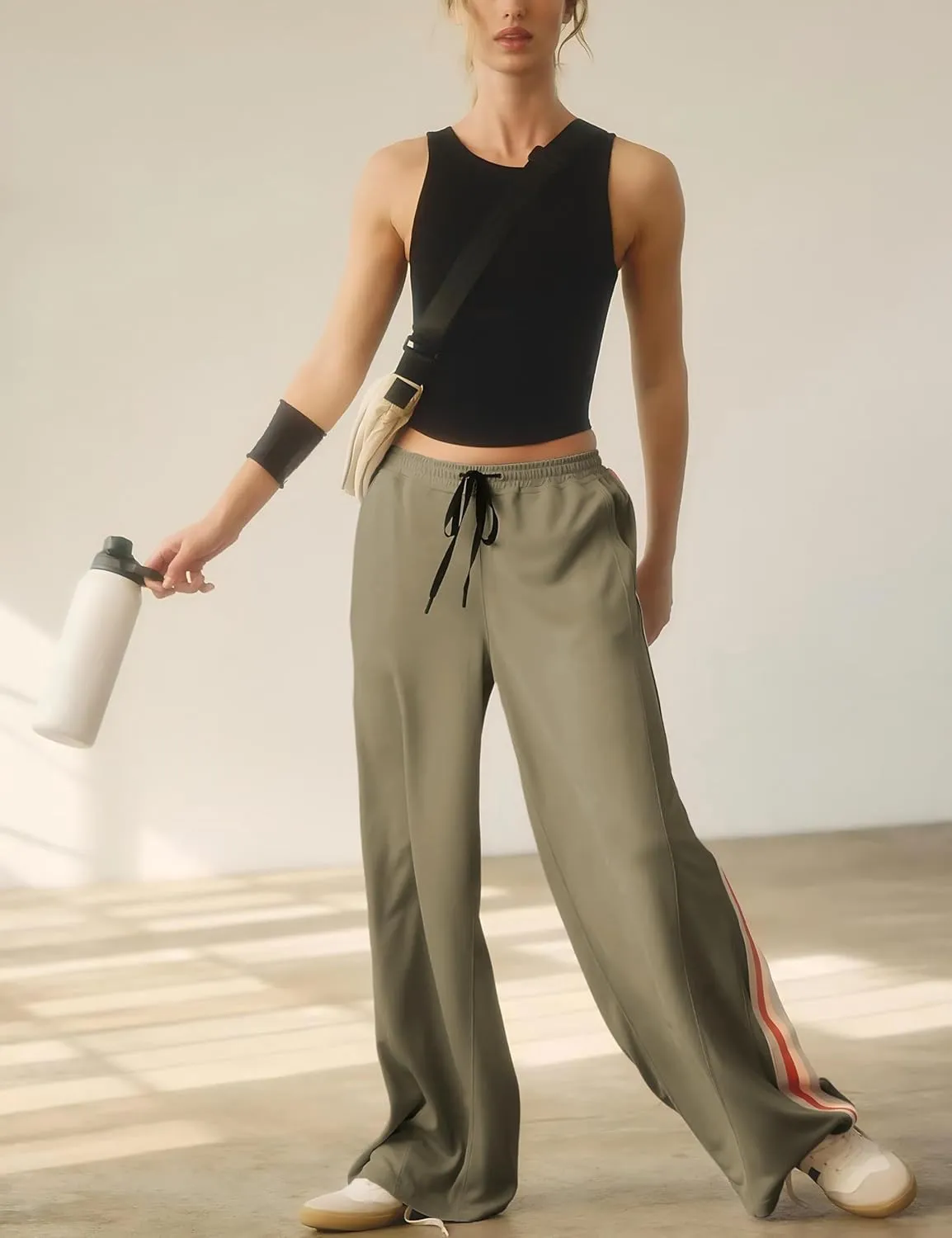 Athlisan Womens Athletic Wide Leg Trousers Side Stripes Drawstring Waist Casual Low Rise Palazzo Pants with Pockets