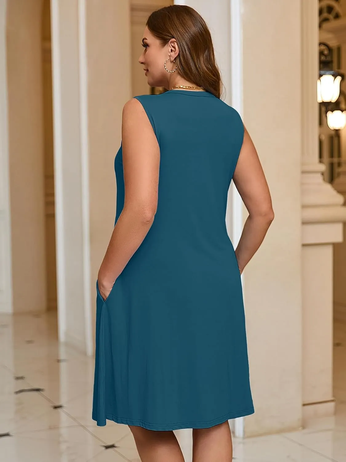 AusLook Plus Size Women's Summer Sleeveless Crew Neck Midi Dresses Casual Loose Fitting Tank Sundress with Pockets