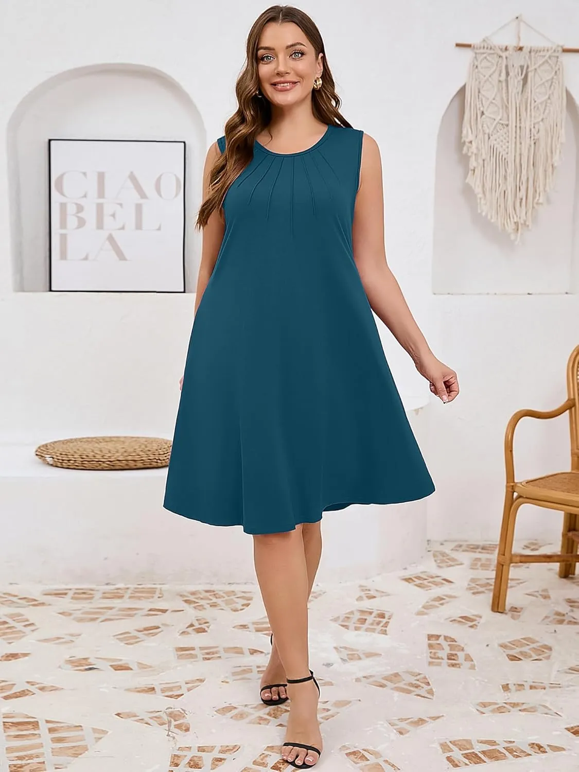 AusLook Plus Size Women's Summer Sleeveless Crew Neck Midi Dresses Casual Loose Fitting Tank Sundress with Pockets