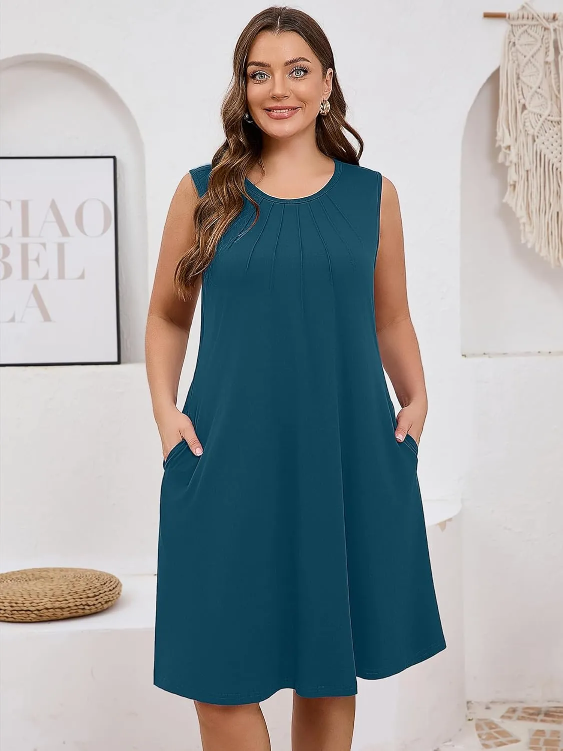 AusLook Plus Size Women's Summer Sleeveless Crew Neck Midi Dresses Casual Loose Fitting Tank Sundress with Pockets