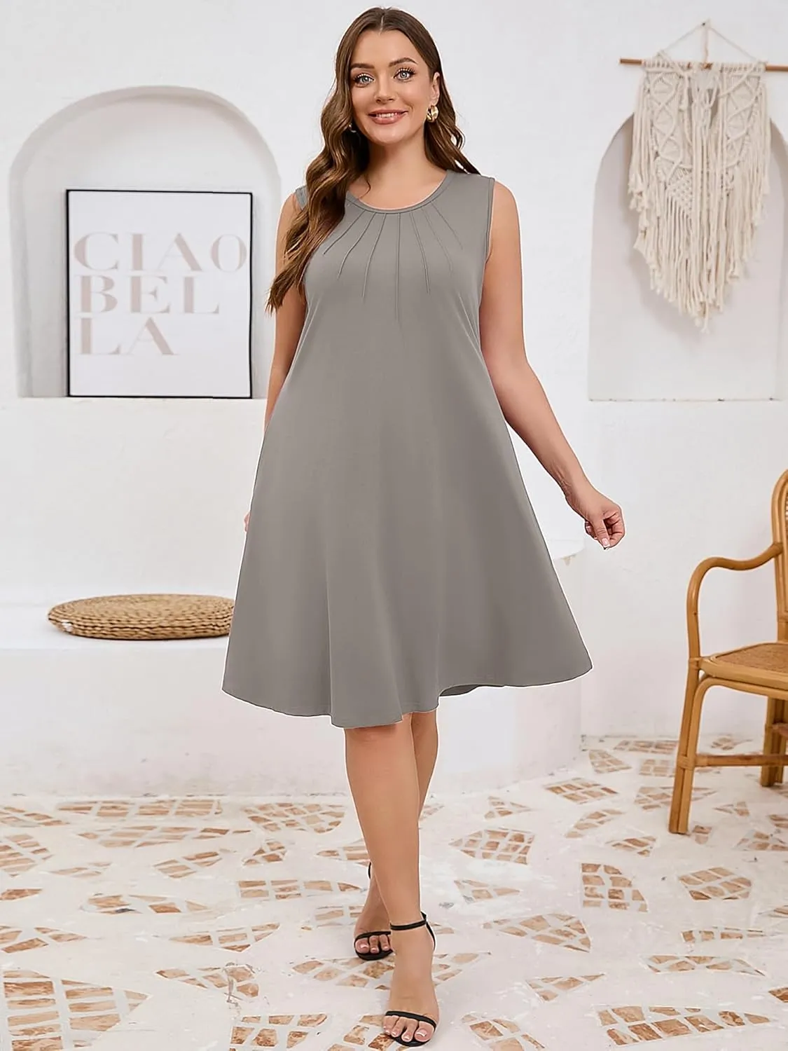 AusLook Plus Size Women's Summer Sleeveless Crew Neck Midi Dresses Casual Loose Fitting Tank Sundress with Pockets