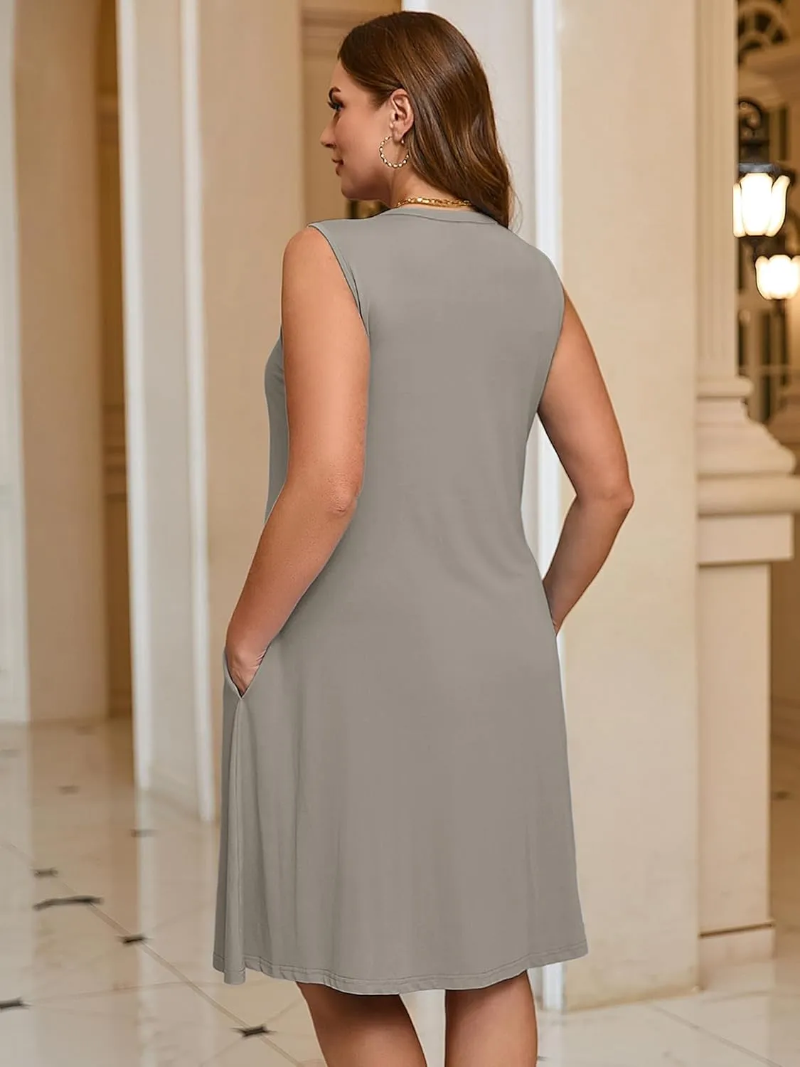AusLook Plus Size Women's Summer Sleeveless Crew Neck Midi Dresses Casual Loose Fitting Tank Sundress with Pockets