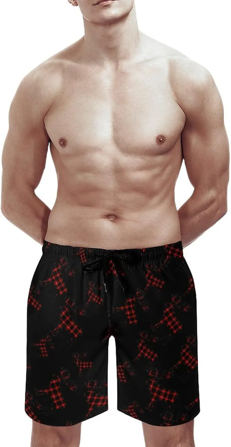 Autumn Plaid Moose Men's Swim Trunks Quick Dry Board Shorts Breathable Summer Beach Shorts Bathing Suits