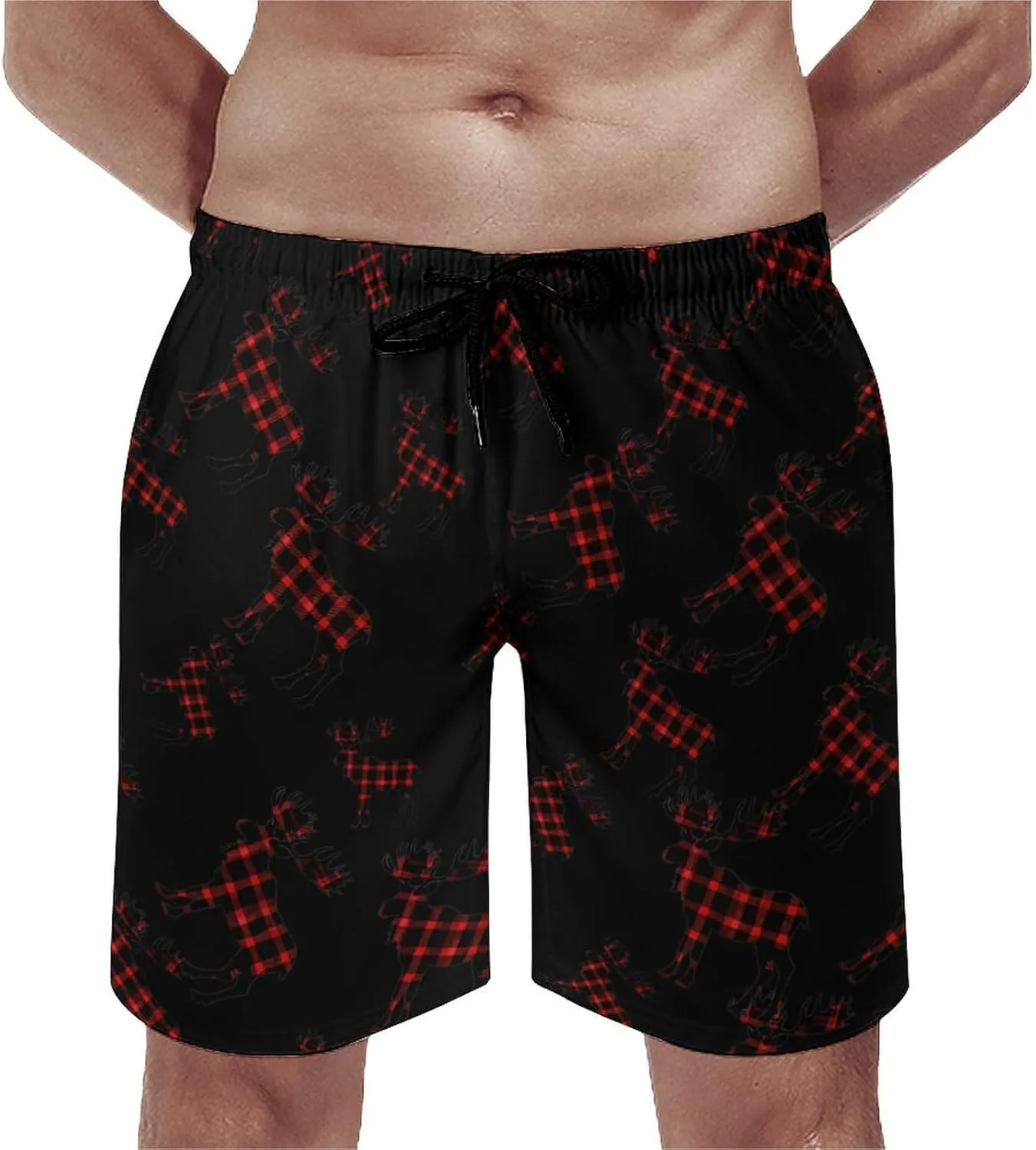 Autumn Plaid Moose Men's Swim Trunks Quick Dry Board Shorts Breathable Summer Beach Shorts Bathing Suits