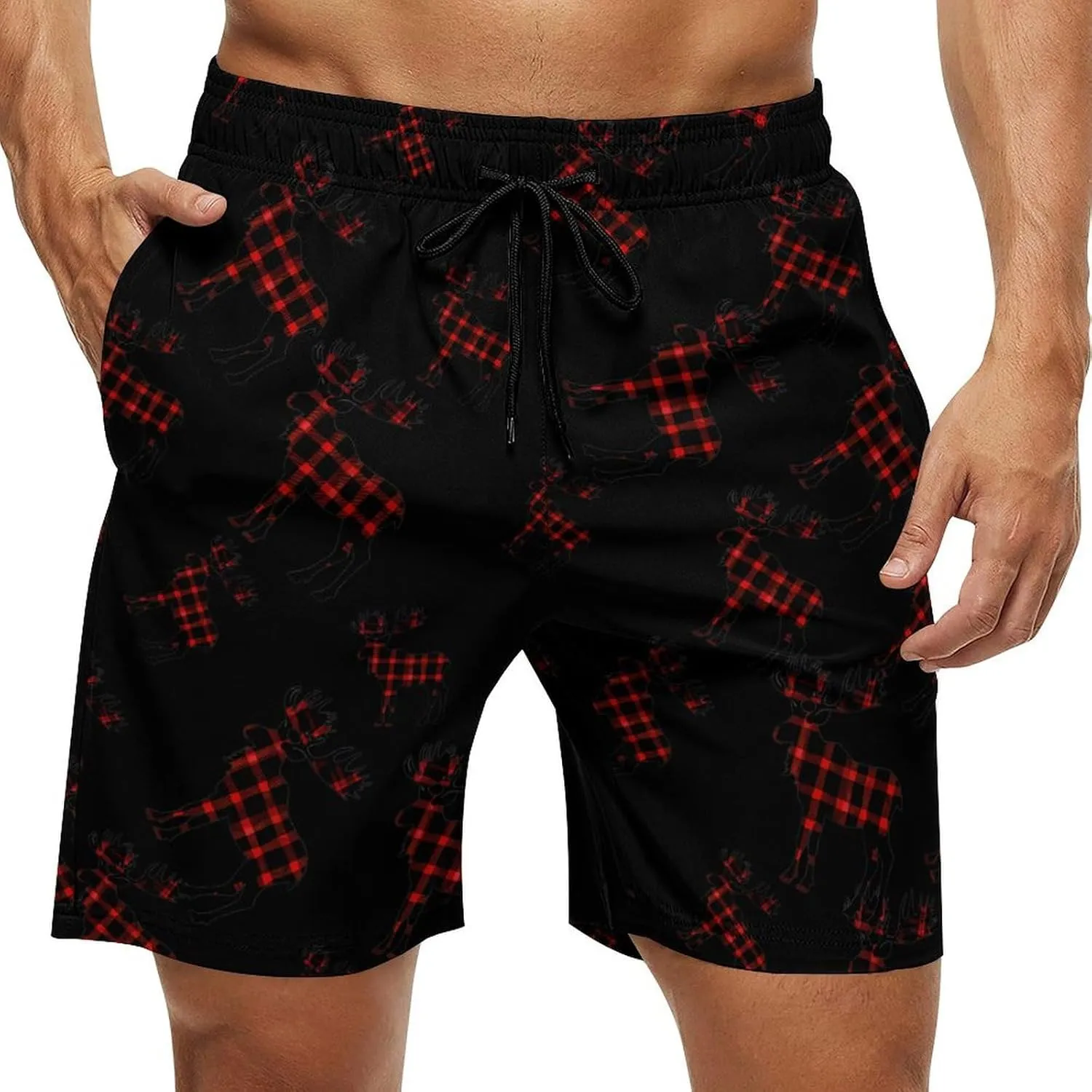 Autumn Plaid Moose Men's Swim Trunks Quick Dry Board Shorts Breathable Summer Beach Shorts Bathing Suits