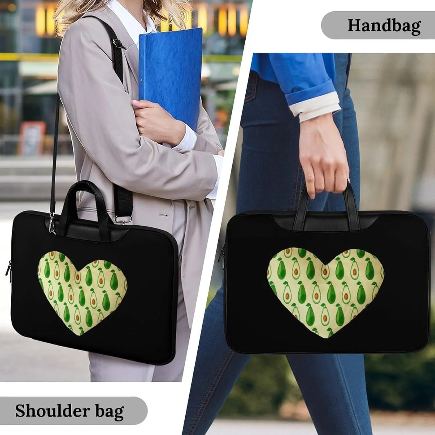 Avocado Love Heart Leather Bag Laptop Case Slim Water Resistant Computer Bags with Handle Briefcase for Work