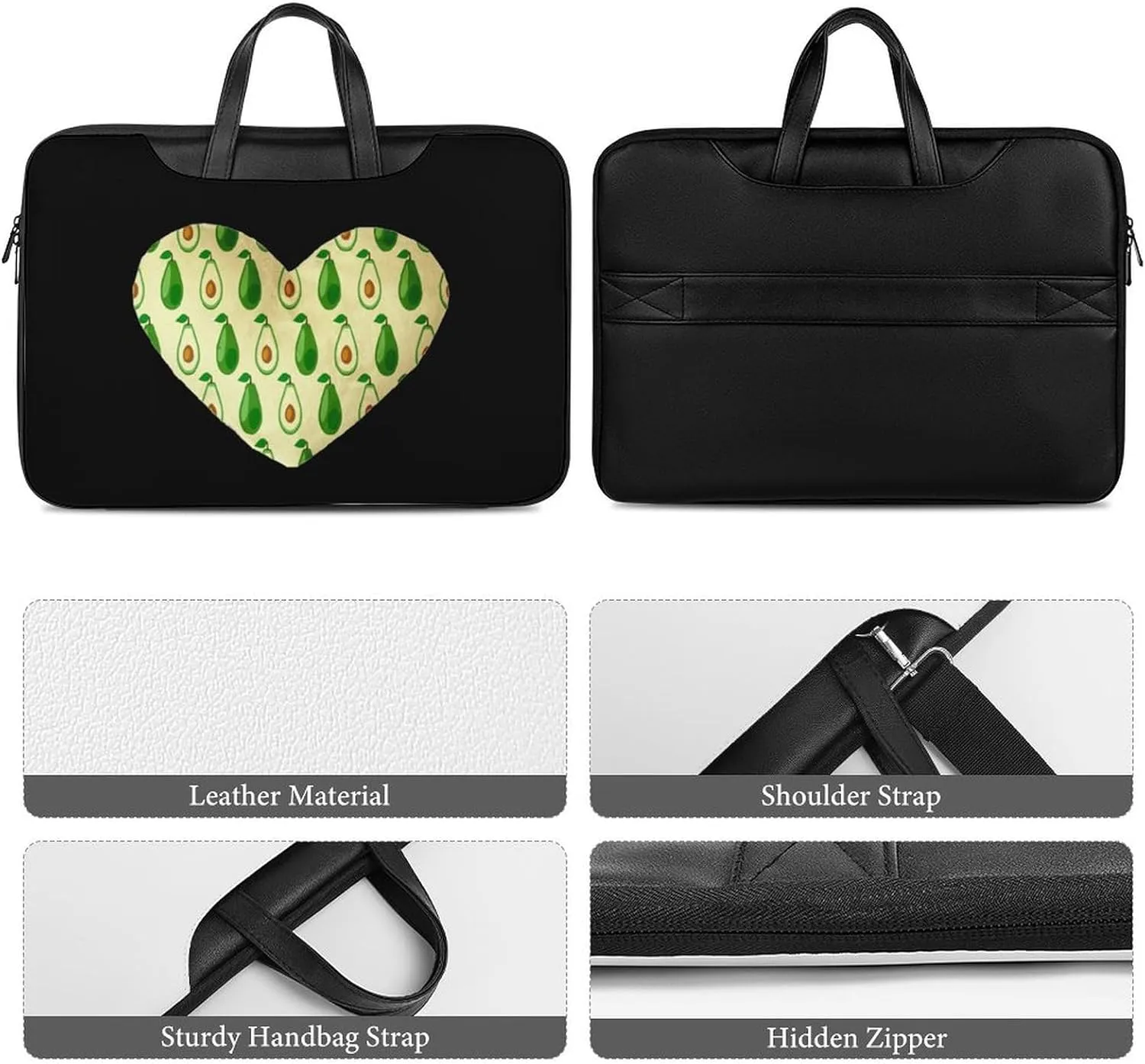 Avocado Love Heart Leather Bag Laptop Case Slim Water Resistant Computer Bags with Handle Briefcase for Work
