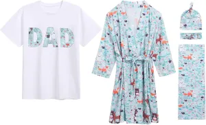 AWIBMK Mom and Me Robe and Swaddle Set and T-Shirt Hospital Labor Delivery Swaddling with Headband Hat for Mom Dad Baby