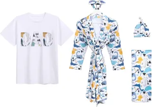 AWIBMK Mom and Me Robe and Swaddle Set and T-Shirt Hospital Labor Delivery Swaddling with Headband Hat for Mom Dad Baby
