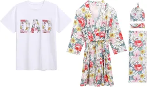 AWIBMK Mom and Me Robe and Swaddle Set and T-Shirt Hospital Labor Delivery Swaddling with Headband Hat for Mom Dad Baby