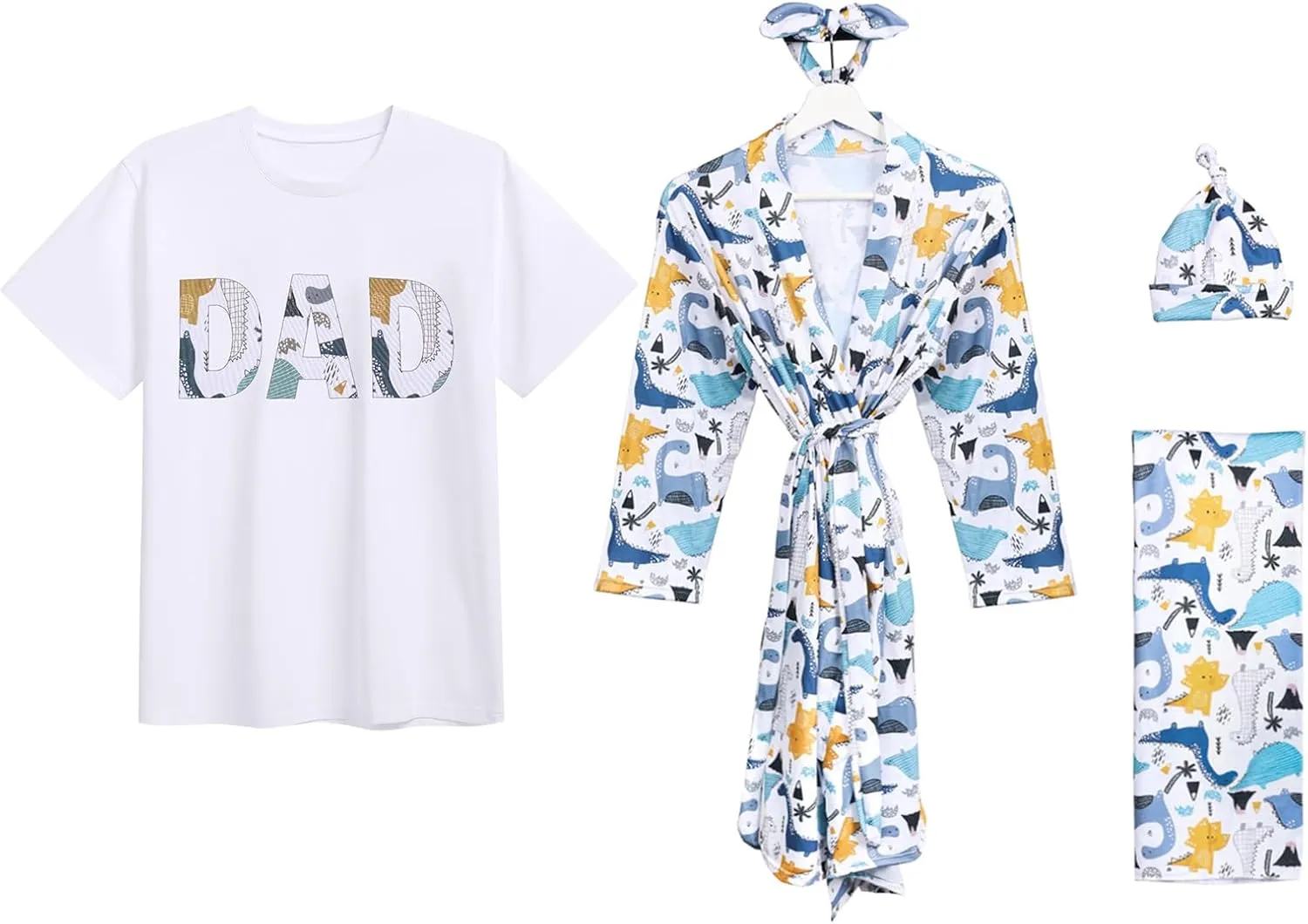 AWIBMK Mom and Me Robe and Swaddle Set and T-Shirt Hospital Labor Delivery Swaddling with Headband Hat for Mom Dad Baby