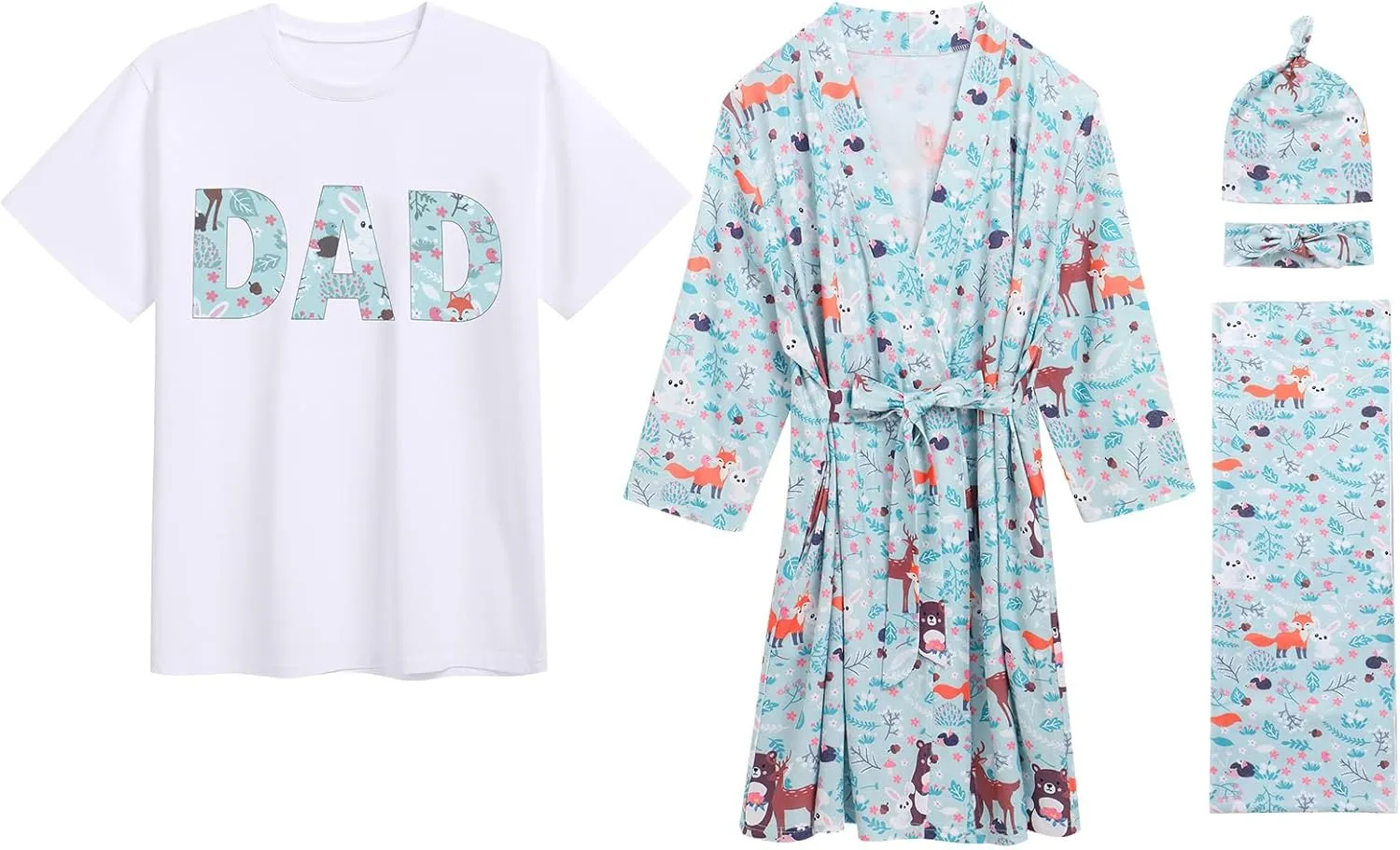 AWIBMK Mom and Me Robe and Swaddle Set and T-Shirt Hospital Labor Delivery Swaddling with Headband Hat for Mom Dad Baby