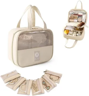 ayodxin Travel Makeup Bag with 6 Jewelry Pouches, PU Leather Toiletry Cosmetic Bag with Makeup Brush Holder, Water-Resistant Makeup Bag Organizer for Women, Travel Essentials for Women and Girls
