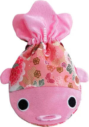 BARbee Japanese Chirimen & Kimono Print Fabric Goldfish Drawstring Pouch Coin Purse Cosmetic Jewelry Key Travel Storage Bag for women accessory with Studs Clamp Hair Clip Christmas Gift (Large, Pink)