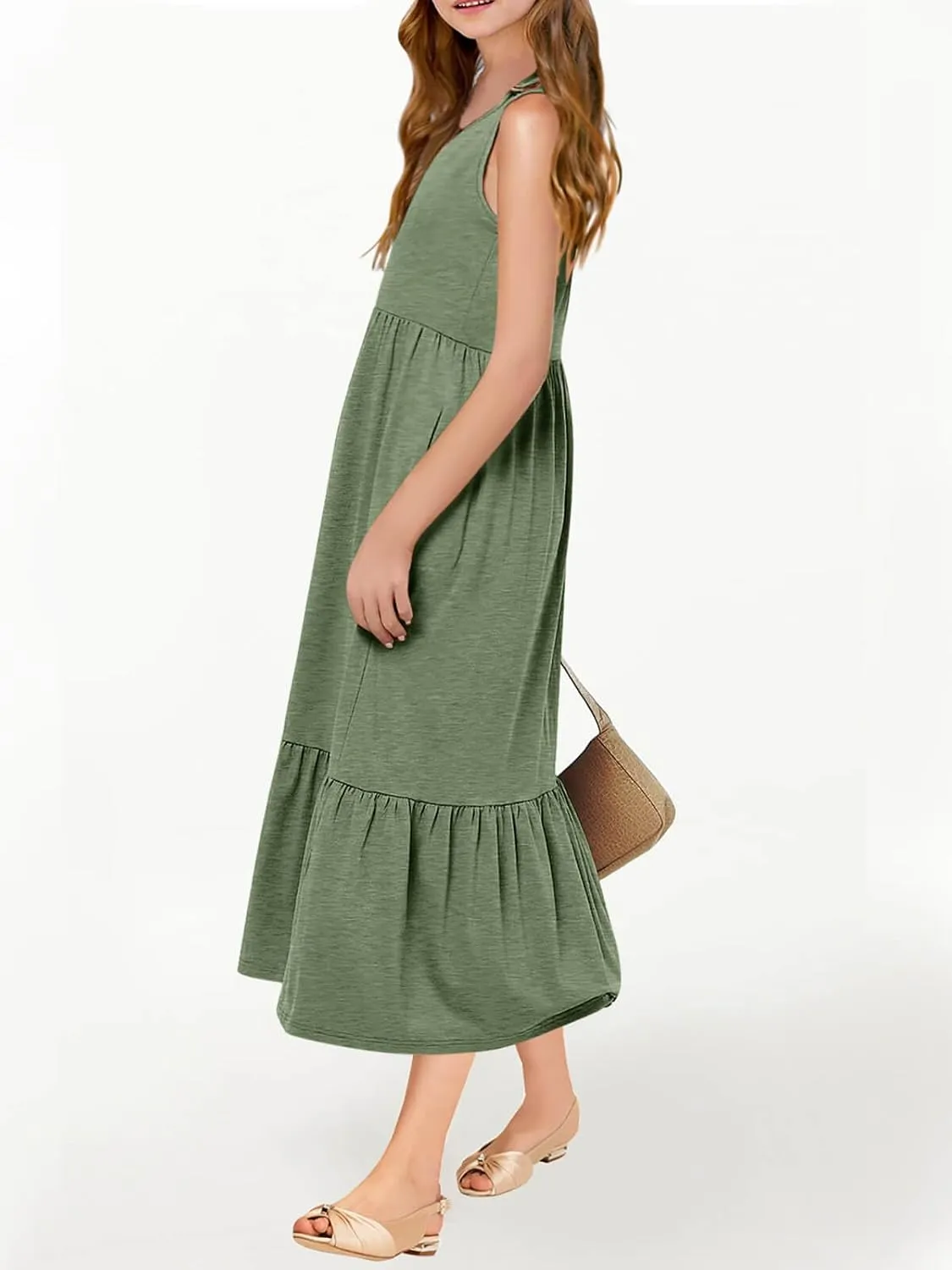 Batermoon Girls Summer Dress Sleeveless Flowy Tiered Casual Long Maxi Dress with Pockets