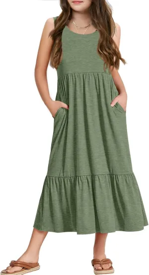 Batermoon Girls Summer Dress Sleeveless Flowy Tiered Casual Long Maxi Dress with Pockets