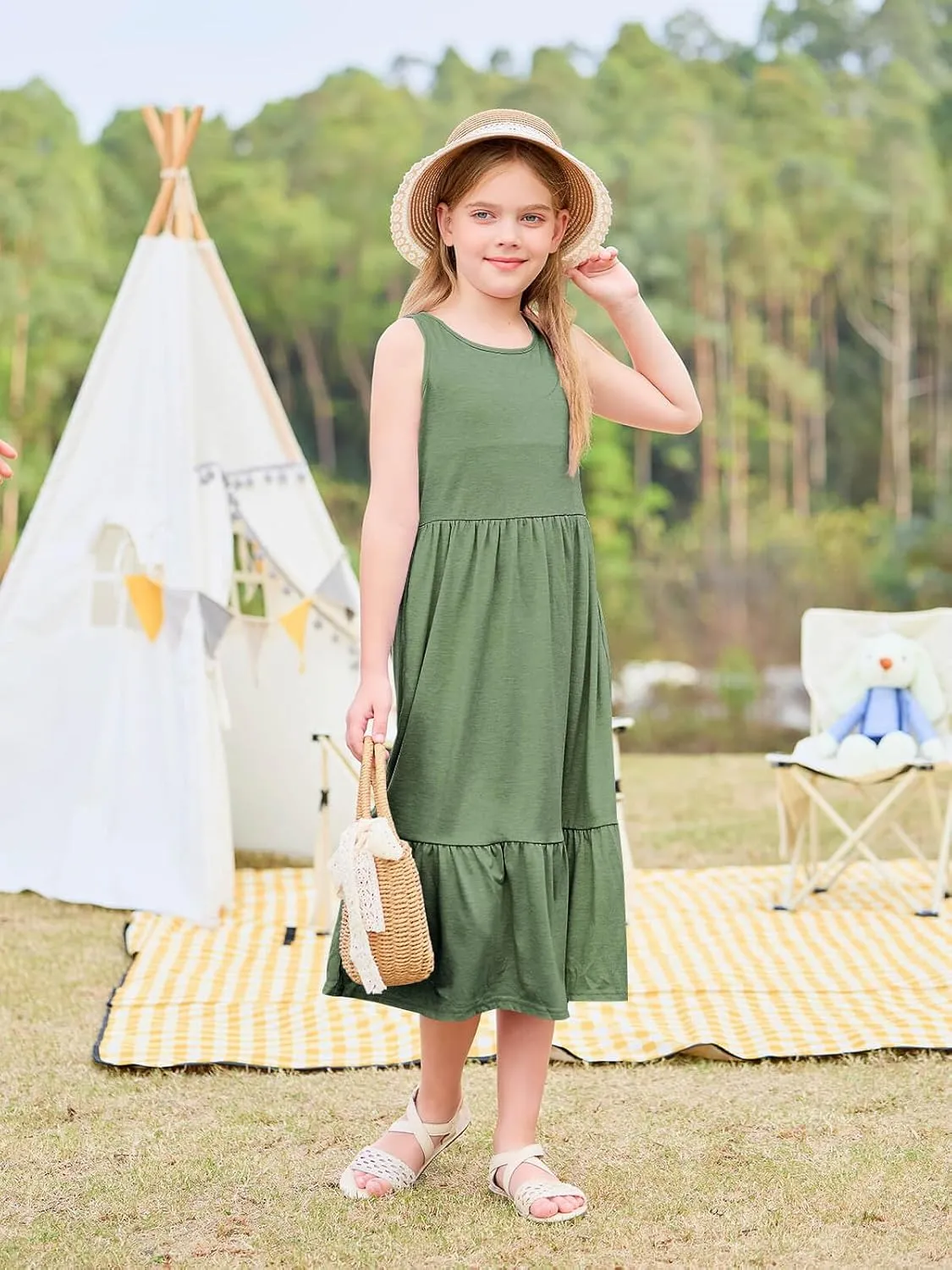 Batermoon Girls Summer Dress Sleeveless Flowy Tiered Casual Long Maxi Dress with Pockets
