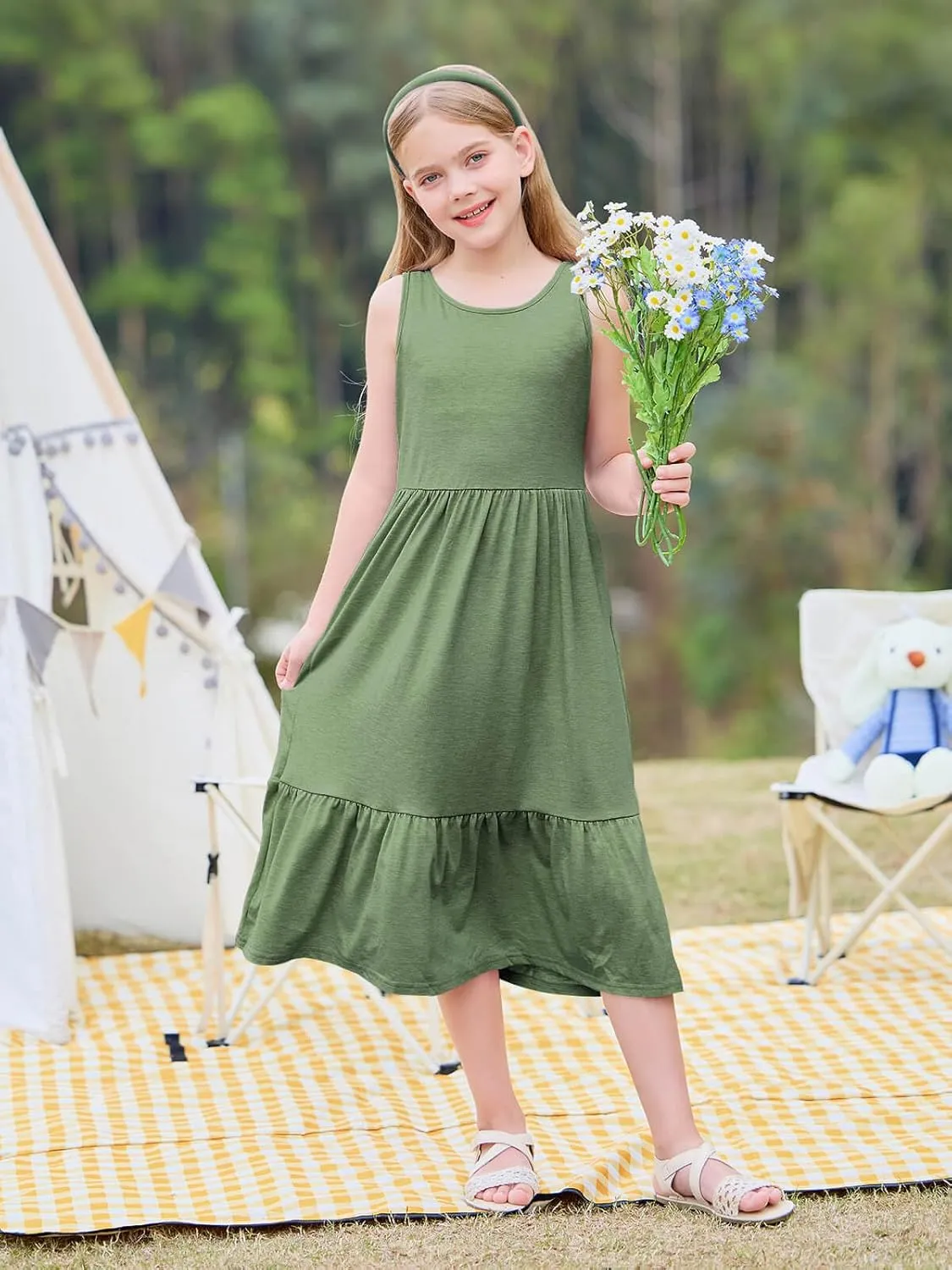 Batermoon Girls Summer Dress Sleeveless Flowy Tiered Casual Long Maxi Dress with Pockets