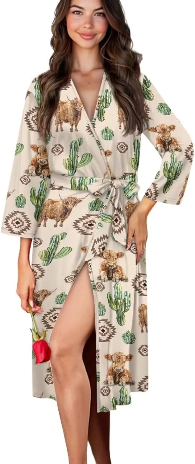 Bathrobe for Women Lightweight Womens Robe 3/4 Sleeves Thin Kimono Robes Knee Length