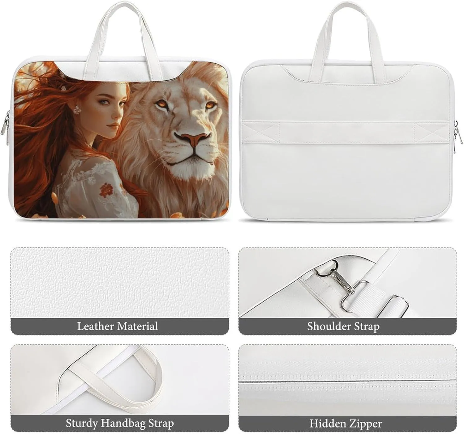 Beauty And Lion Leather Bag Laptop Case Slim Water Resistant Computer Bags with Handle Briefcase for Work