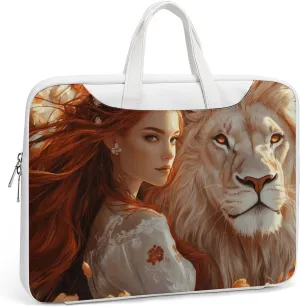 Beauty And Lion Leather Bag Laptop Case Slim Water Resistant Computer Bags with Handle Briefcase for Work