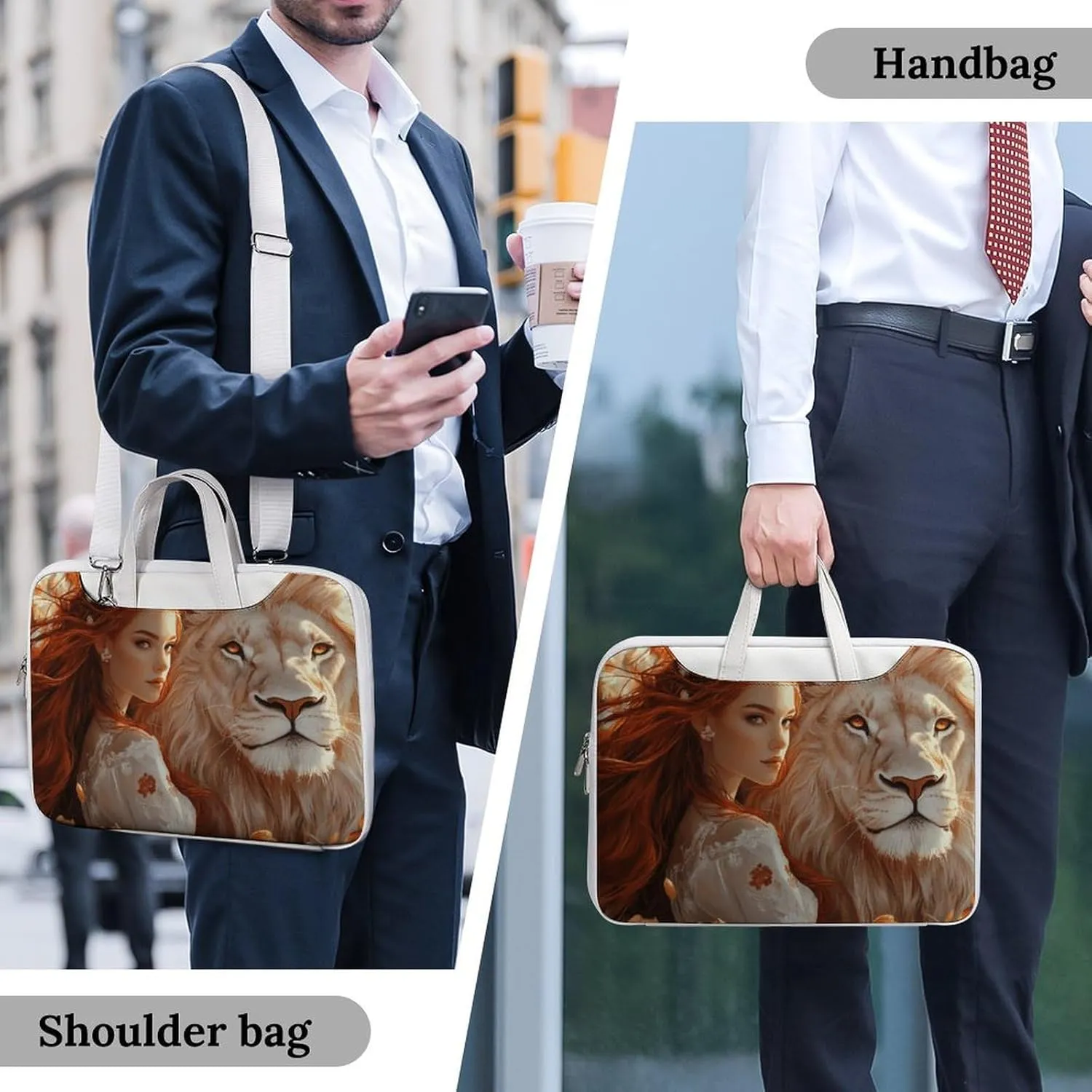 Beauty And Lion Leather Bag Laptop Case Slim Water Resistant Computer Bags with Handle Briefcase for Work