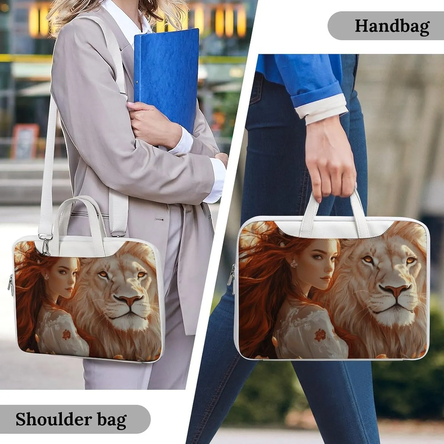 Beauty And Lion Leather Bag Laptop Case Slim Water Resistant Computer Bags with Handle Briefcase for Work