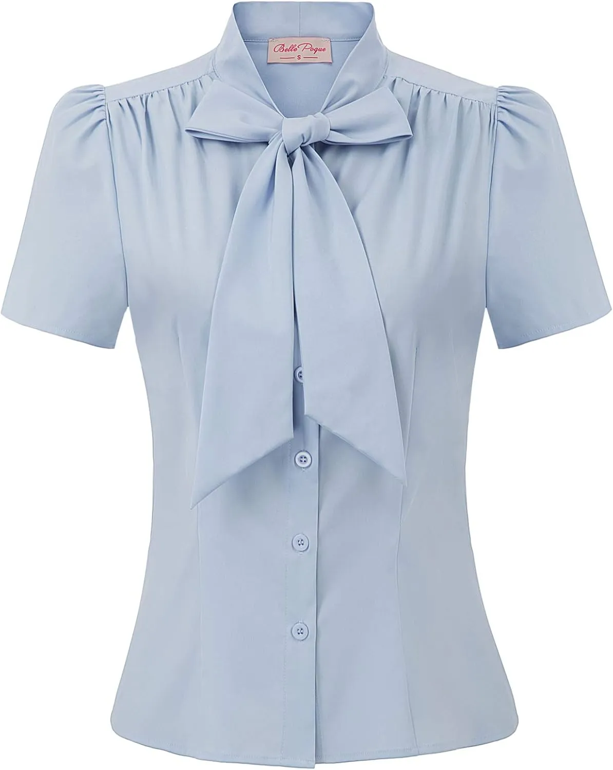 Belle Poque Summer Short Sleeve Office Button Down Blouse Stripe Shirt Tops with Bow Tie BP573