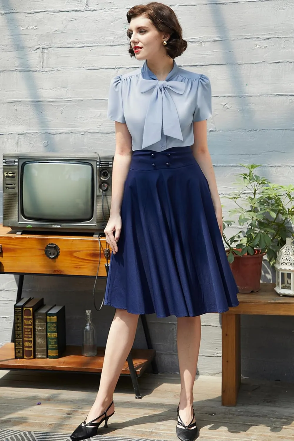 Belle Poque Summer Short Sleeve Office Button Down Blouse Stripe Shirt Tops with Bow Tie BP573