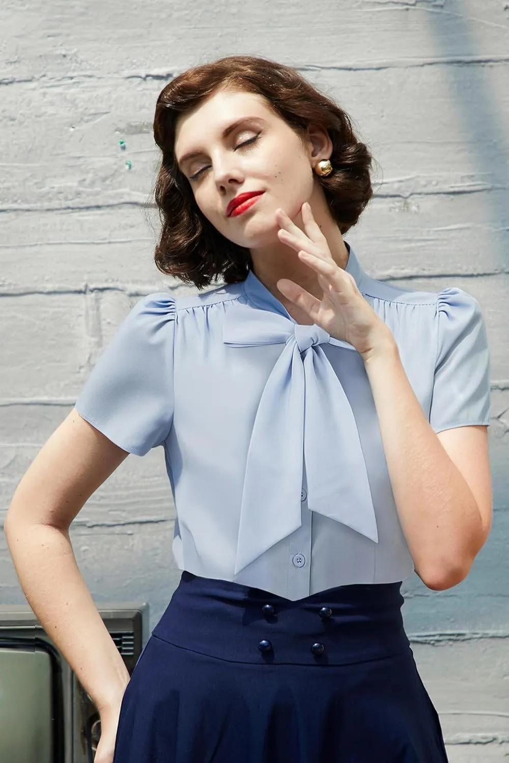 Belle Poque Summer Short Sleeve Office Button Down Blouse Stripe Shirt Tops with Bow Tie BP573