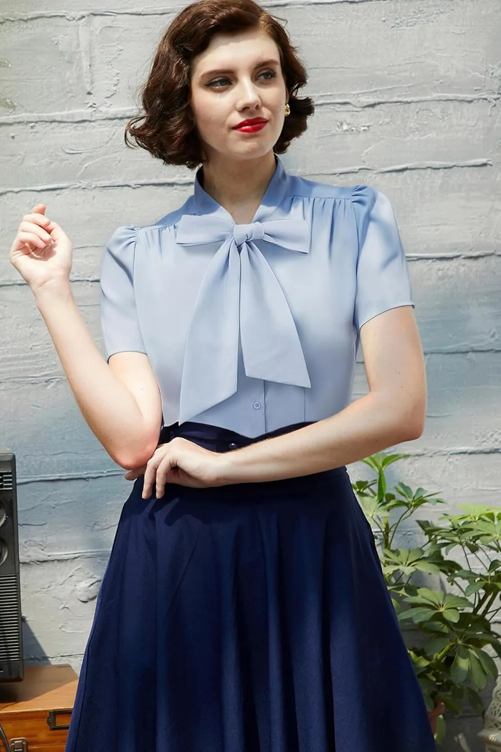 Belle Poque Summer Short Sleeve Office Button Down Blouse Stripe Shirt Tops with Bow Tie BP573