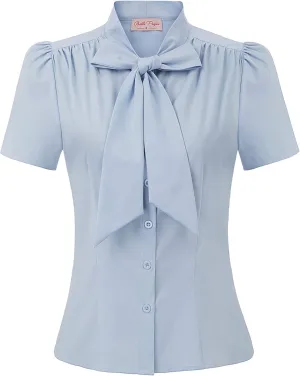 Belle Poque Summer Short Sleeve Office Button Down Blouse Stripe Shirt Tops with Bow Tie BP573