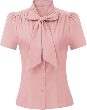 Belle Poque Summer Short Sleeve Office Button Down Blouse Stripe Shirt Tops with Bow Tie BP573