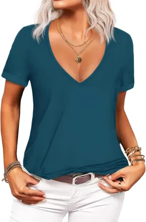 Beyove Women's Deep V T-Shirt Summer Short Sleeve Loose Casual Top(S-3XL)