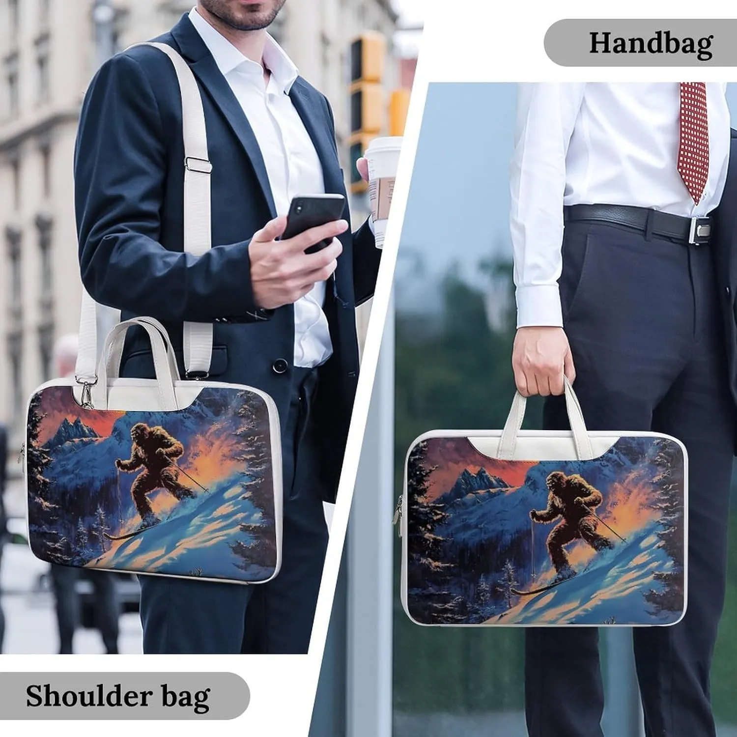 Bigfoot Skiing Deer Elks Leather Bag Laptop Case Slim Water Resistant Computer Bags with Handle Briefcase for Work