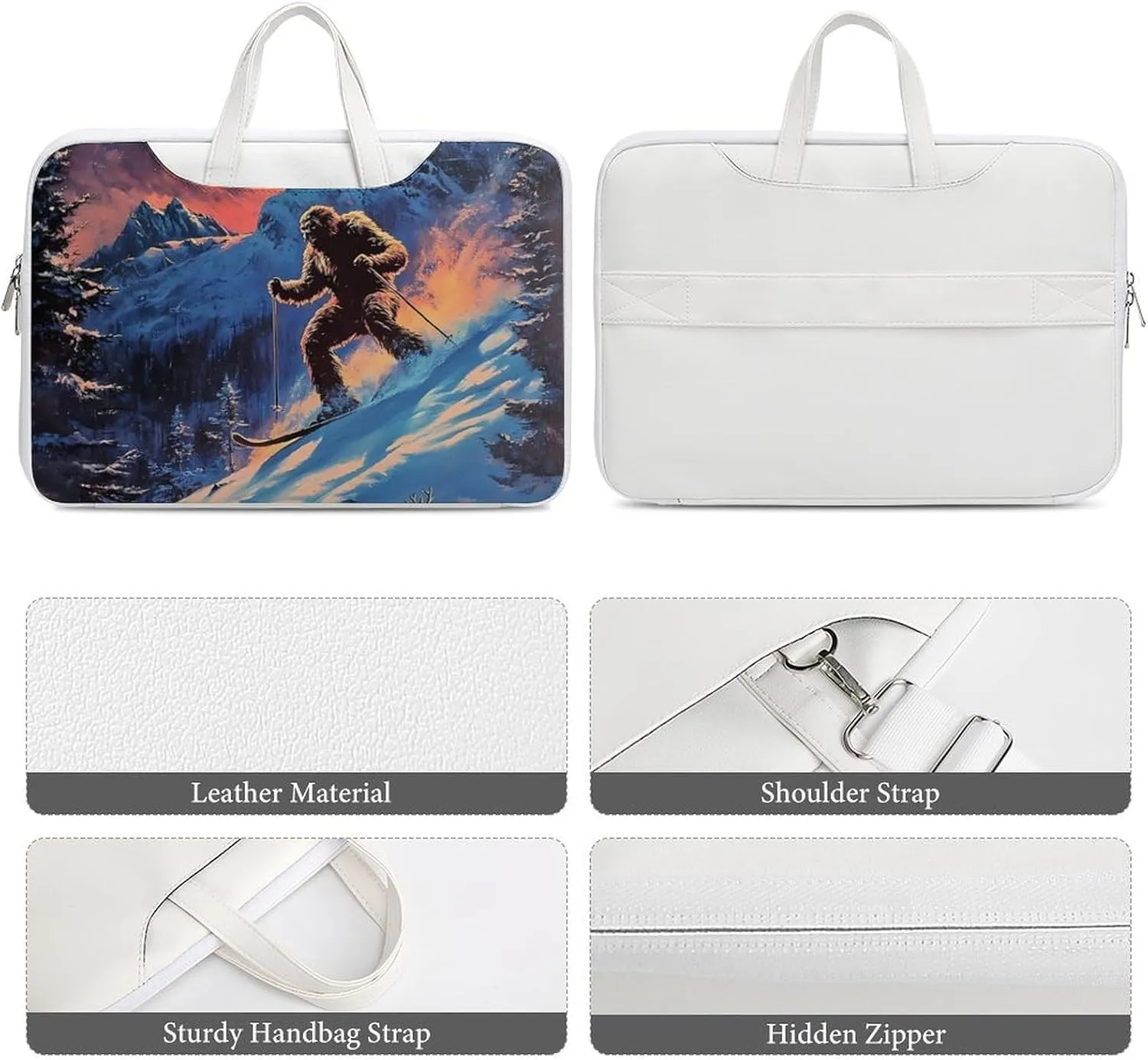 Bigfoot Skiing Deer Elks Leather Bag Laptop Case Slim Water Resistant Computer Bags with Handle Briefcase for Work