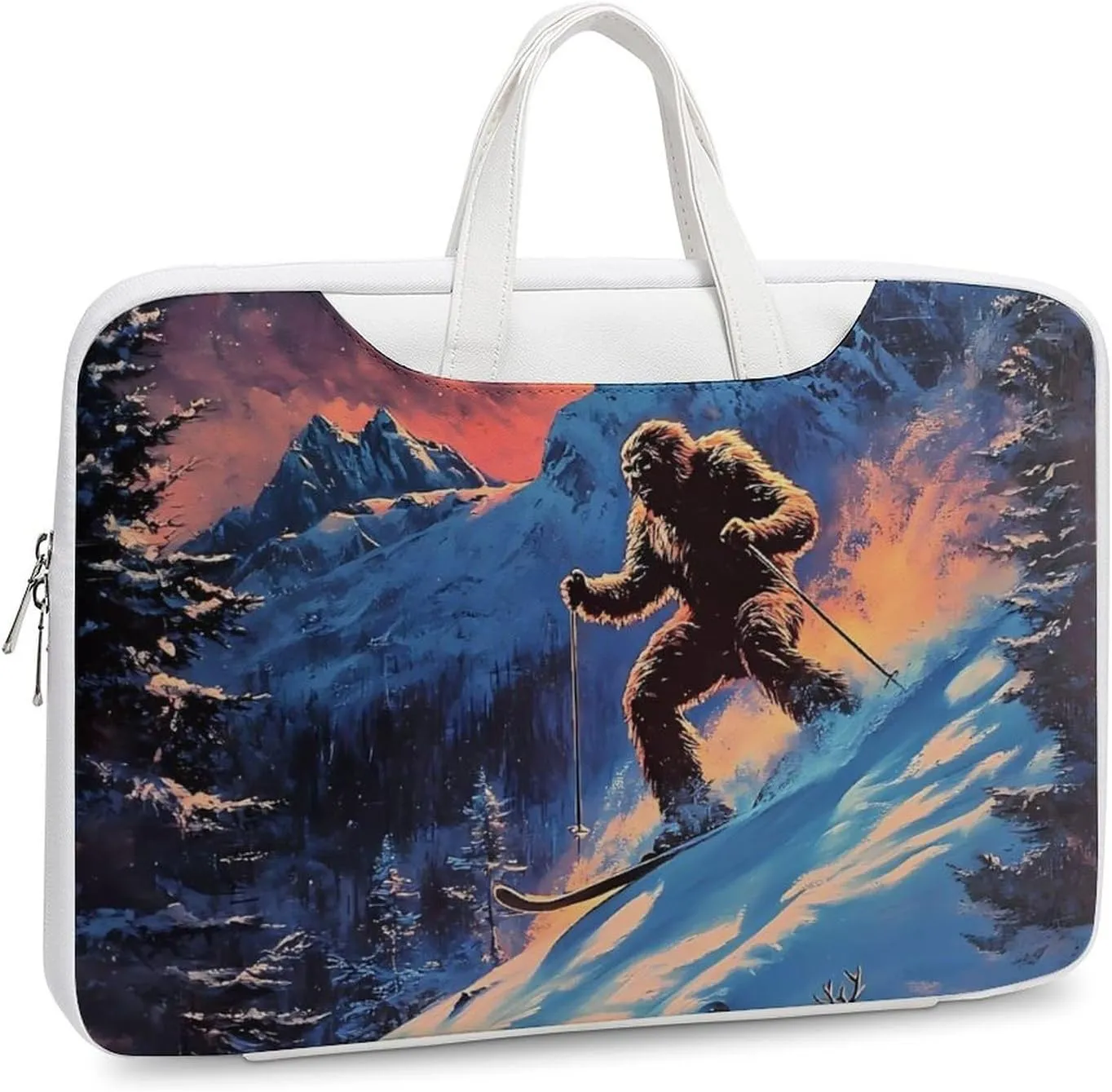 Bigfoot Skiing Deer Elks Leather Bag Laptop Case Slim Water Resistant Computer Bags with Handle Briefcase for Work