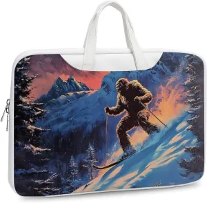 Bigfoot Skiing Deer Elks Leather Bag Laptop Case Slim Water Resistant Computer Bags with Handle Briefcase for Work