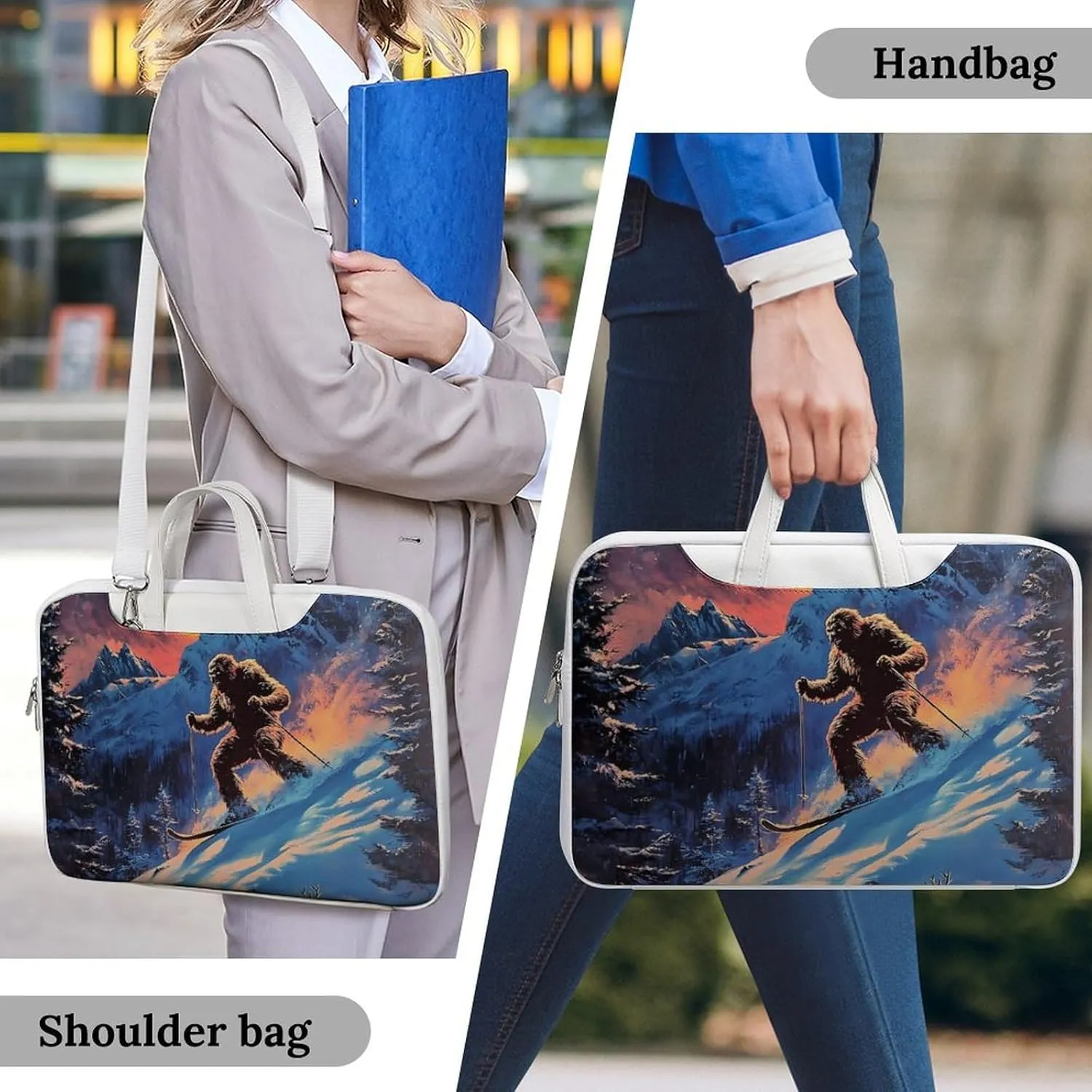 Bigfoot Skiing Deer Elks Leather Bag Laptop Case Slim Water Resistant Computer Bags with Handle Briefcase for Work