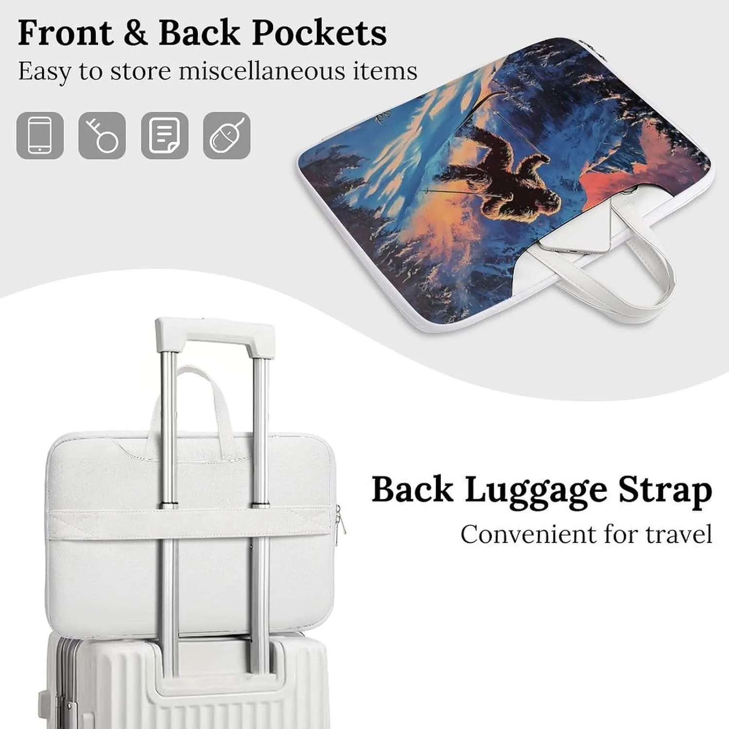 Bigfoot Skiing Deer Elks Leather Bag Laptop Case Slim Water Resistant Computer Bags with Handle Briefcase for Work