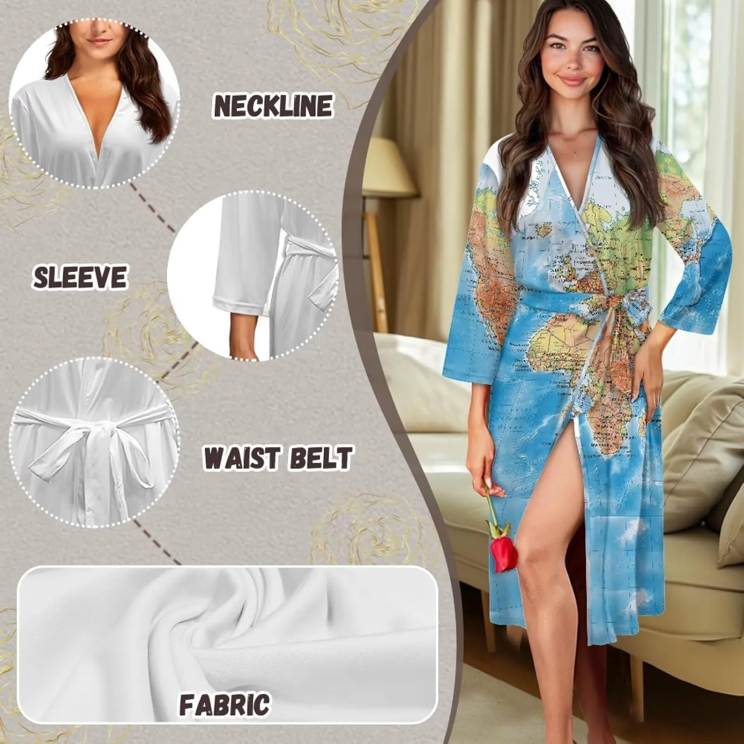 Biyejit Women Kimono Robes Full Length Bathrobe Lightweight Soft Sleepwear V-neck Casual Ladies Loungewear S-XXL