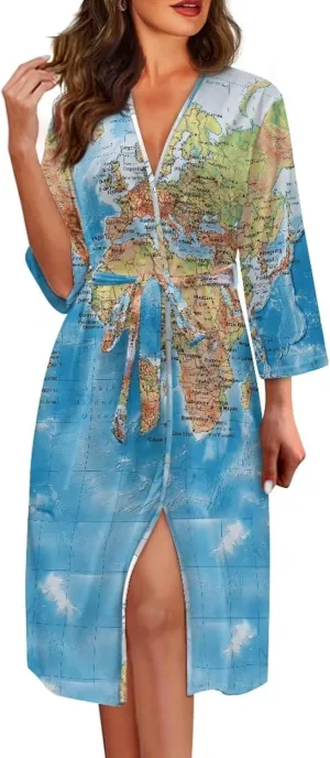 Biyejit Women Kimono Robes Full Length Bathrobe Lightweight Soft Sleepwear V-neck Casual Ladies Loungewear S-XXL