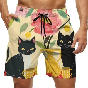 Black Cat Coffee Men's Swim Trunks Quick Dry Board Shorts Breathable Summer Beach Shorts Bathing Suits