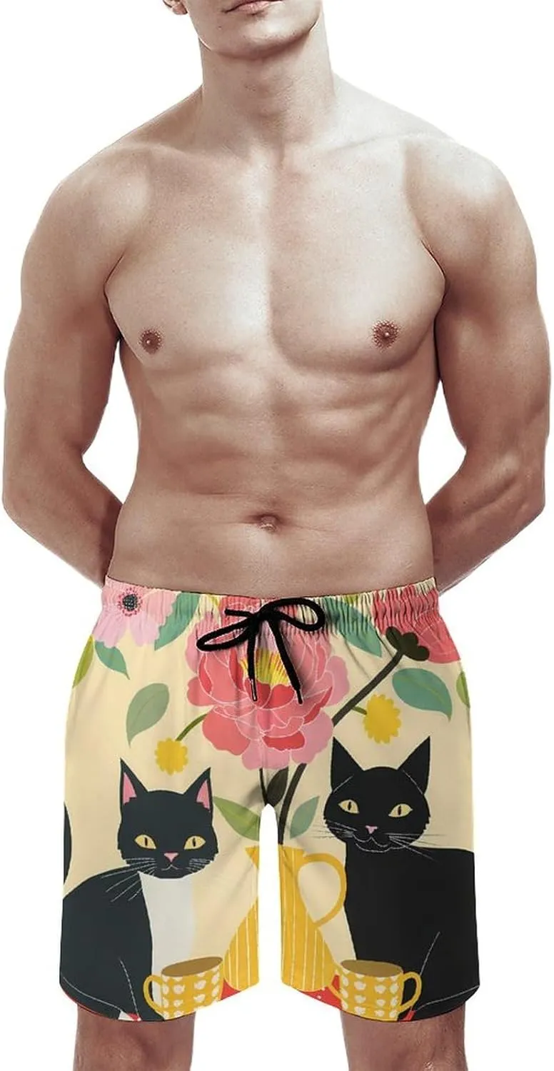 Black Cat Coffee Men's Swim Trunks Quick Dry Board Shorts Breathable Summer Beach Shorts Bathing Suits